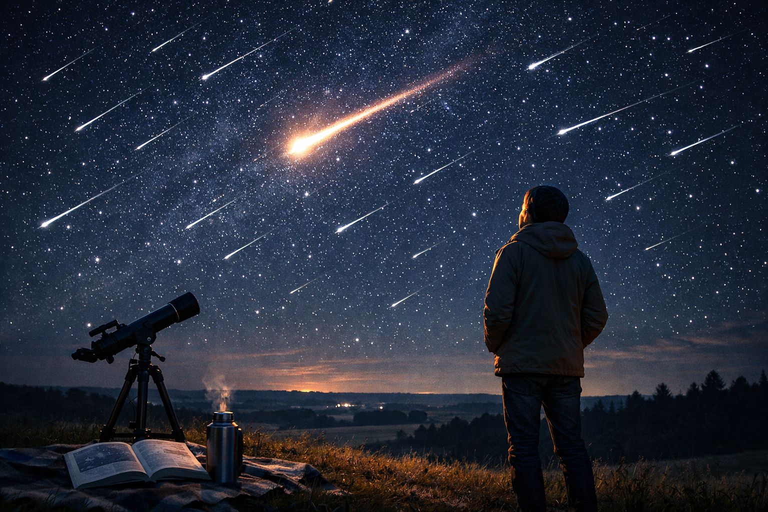 Homem observa chuva de meteoros num céu estrelado, com telescópio e mochila ao lado, noite clara na natureza.