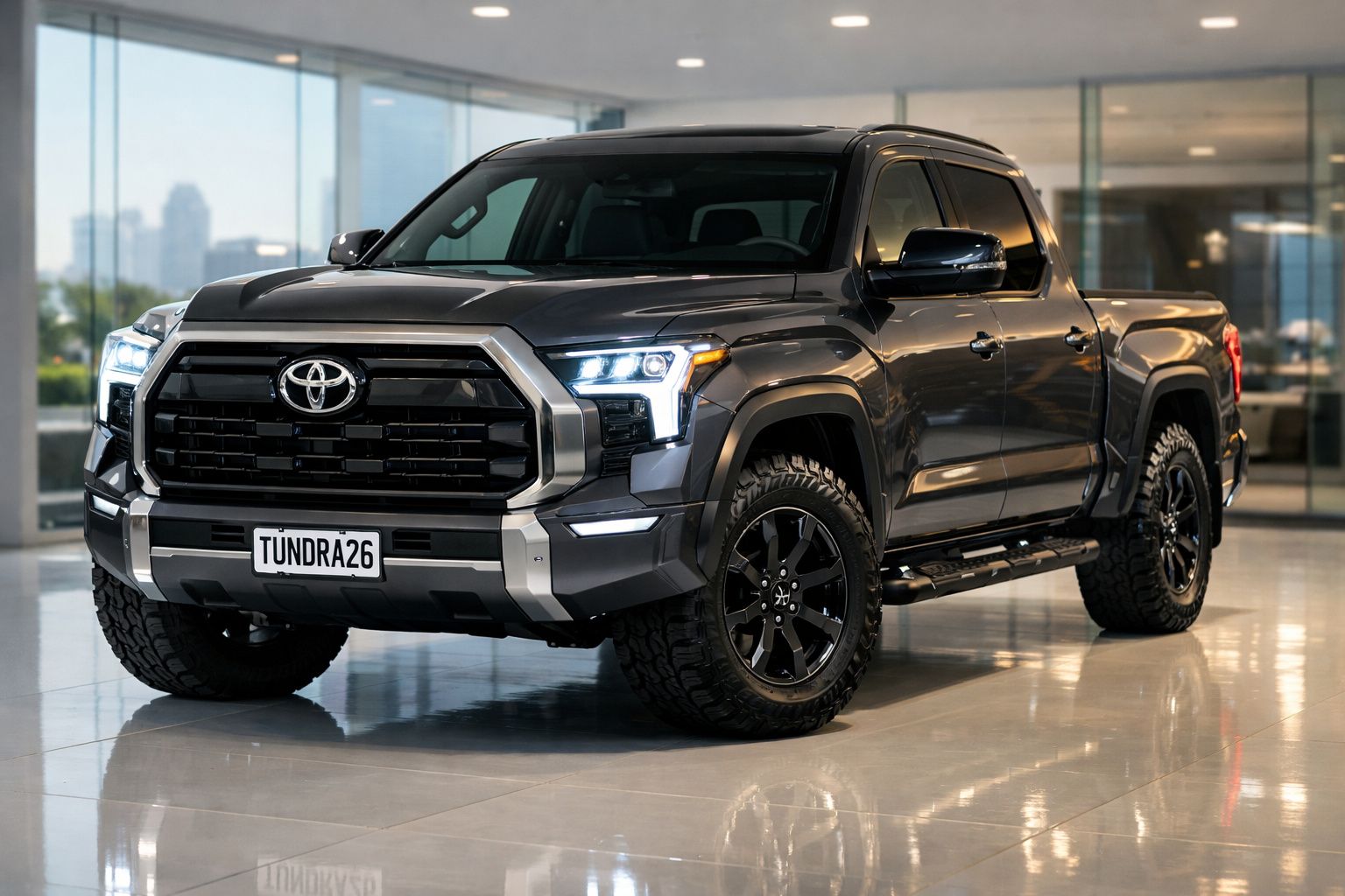 Pick-up Toyota Tundra preta estacionada num interior moderno com janelas amplas e piso refletor.