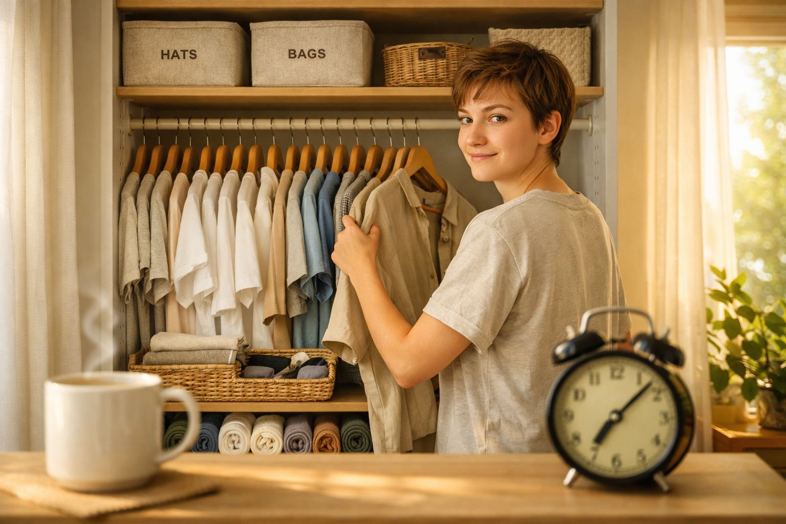 Pessoa jovem a organizar camisas num armário iluminado com luz natural, ao lado de um relógio e chá quente.