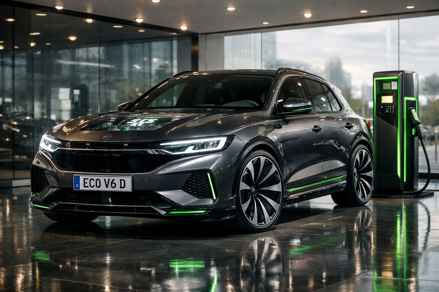 Carro elétrico cinza metálico com detalhes verdes, estacionado ao lado de posto de carregamento em ambiente moderno.