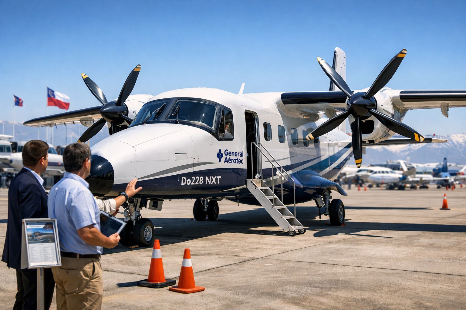 Avião bimotor General Aerotec Do228 NXT no solo com três homens observando e céu azul ao fundo.