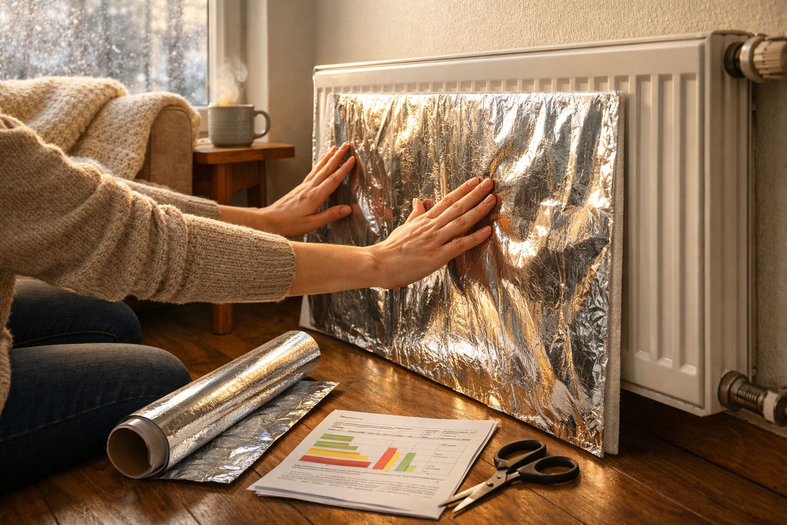 Pessoa a aplicar camada isolante térmica prateada numa radiador dentro de casa junto a uma janela.