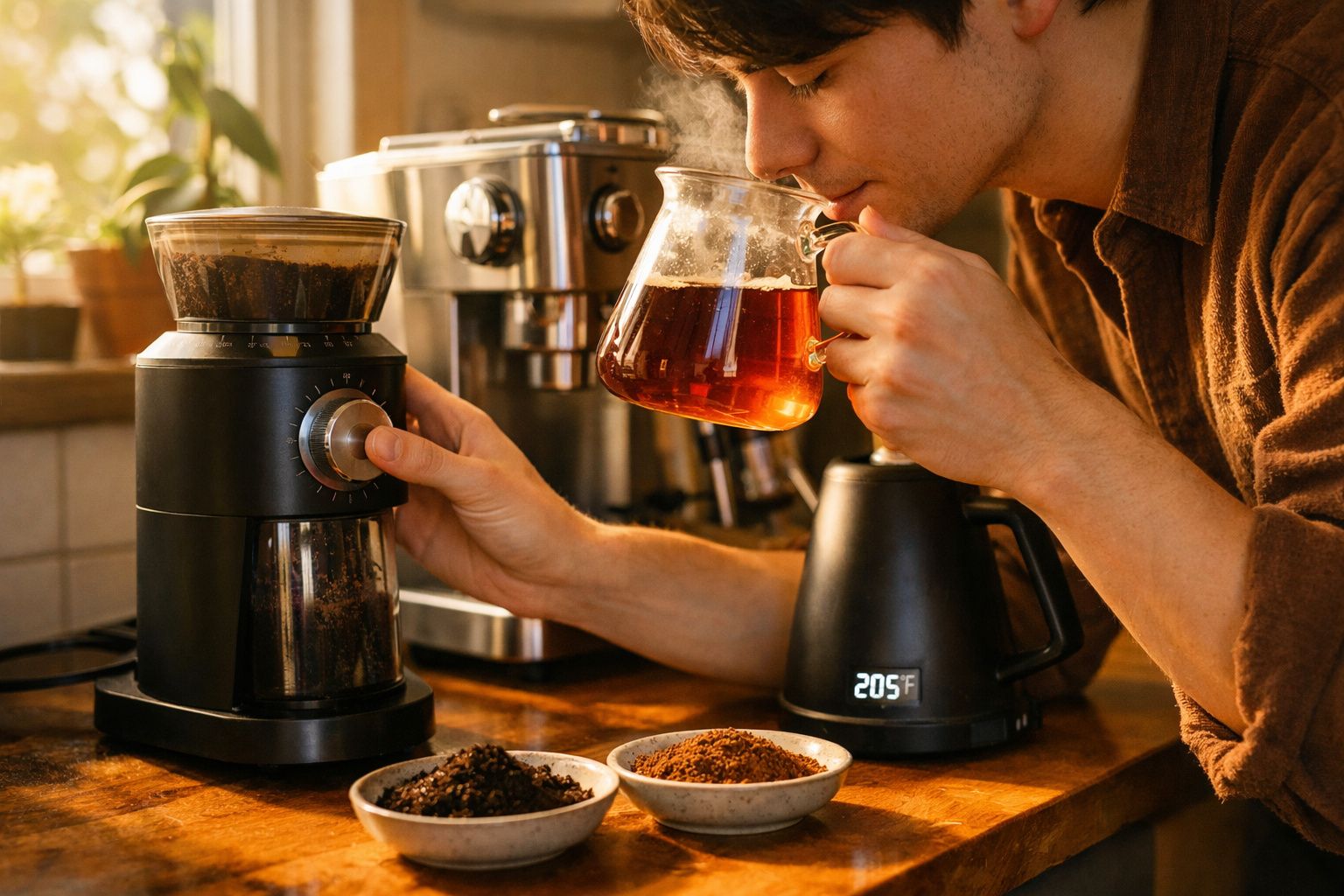 Homem ajusta moedor de café enquanto cheira o café acabado de moer numa cozinha iluminada.