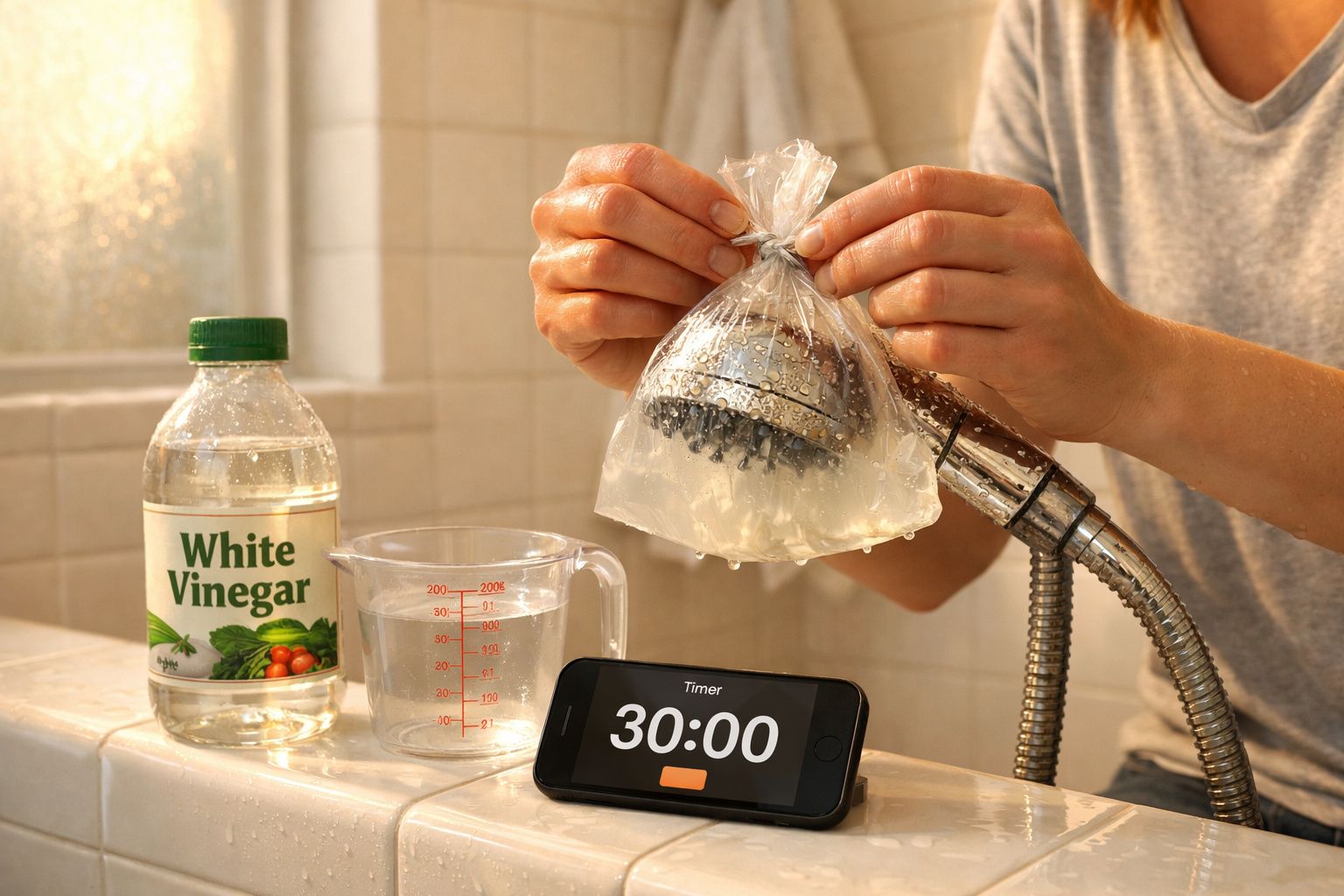 Pessoa a limpar cabeça de chuveiro com vinagre branco dentro de saco plástico preso com elástico.