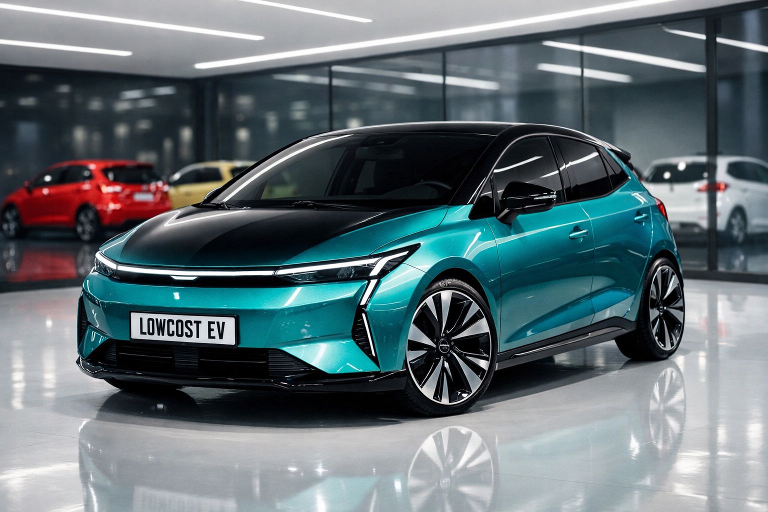 Carro eléctrico moderno azul turquesa com capô preto, estacionado numa garagem moderna e brilhante.