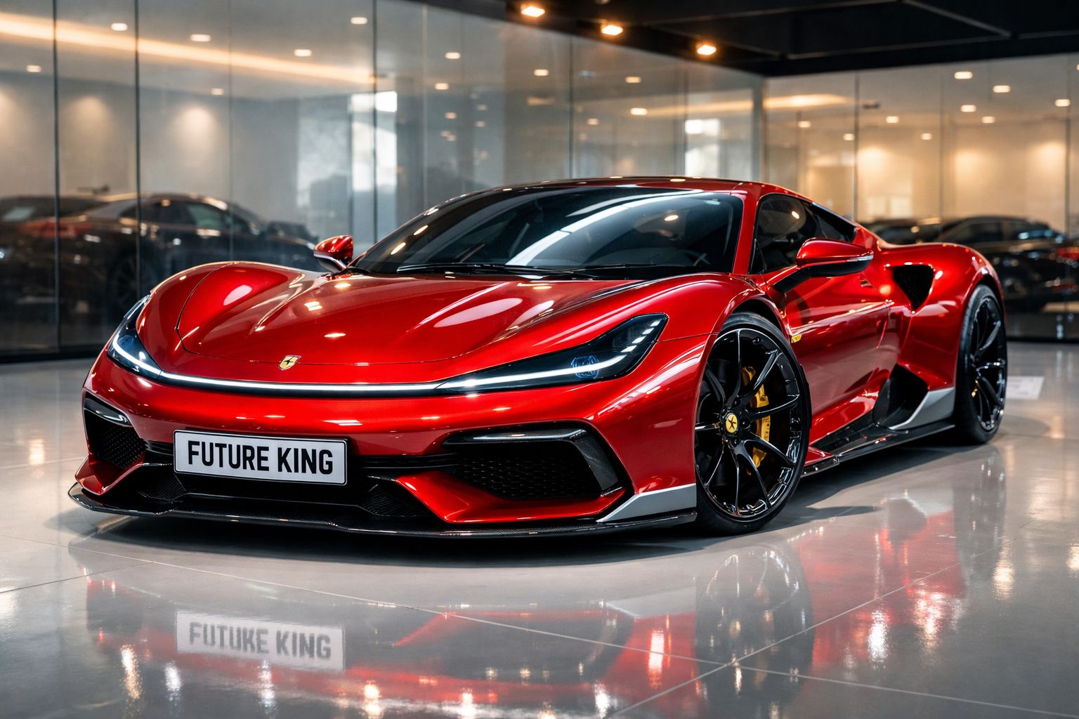 Carro desportivo vermelho com design futurista estacionado num piso brilhante, com placa "Future King".