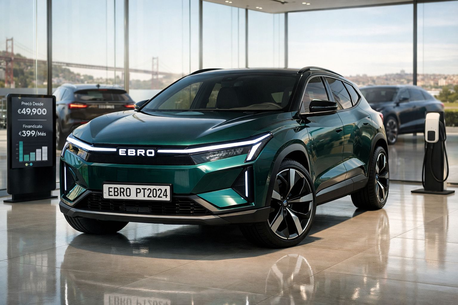 Carro elétrico verde EBRO PT2024 em exposição numa sala com paredes de vidro e posto de carga elétrica.