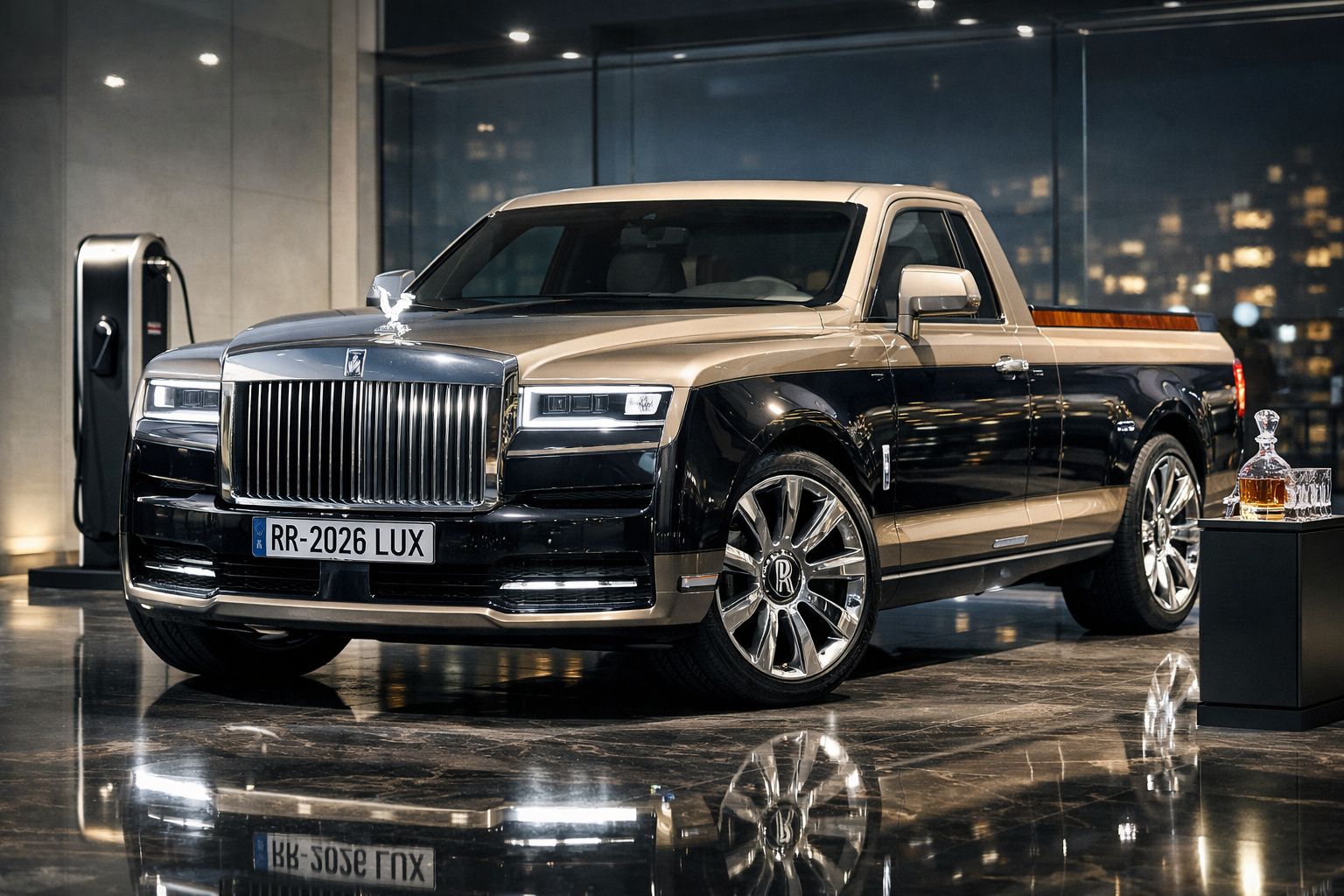 Pick-up de luxo Rolls-Royce preta e cinzenta estacionada em interior moderno à noite.