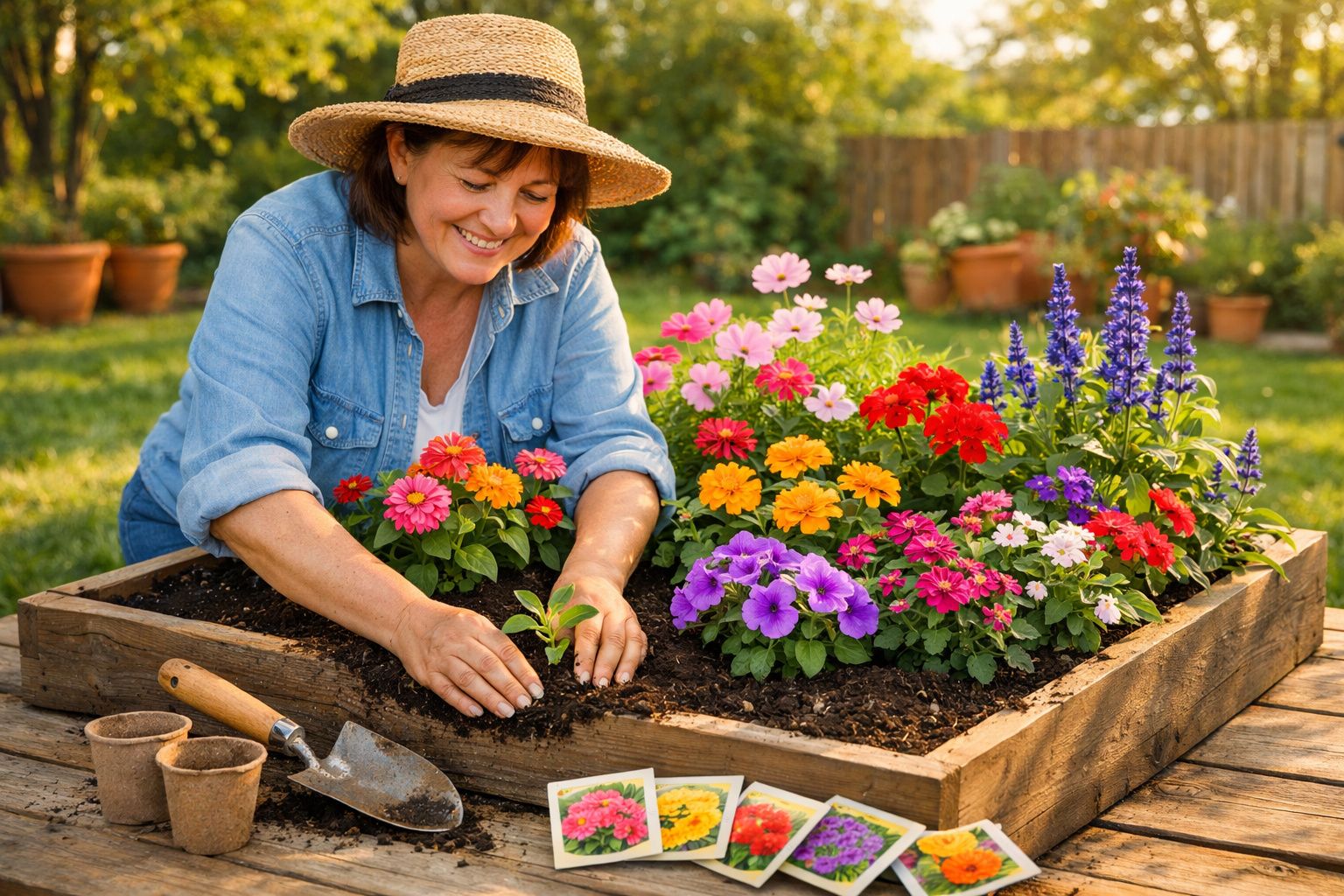 Mulher sorridente a plantar flores coloridas numa caixa de madeira num jardim soalheiro.