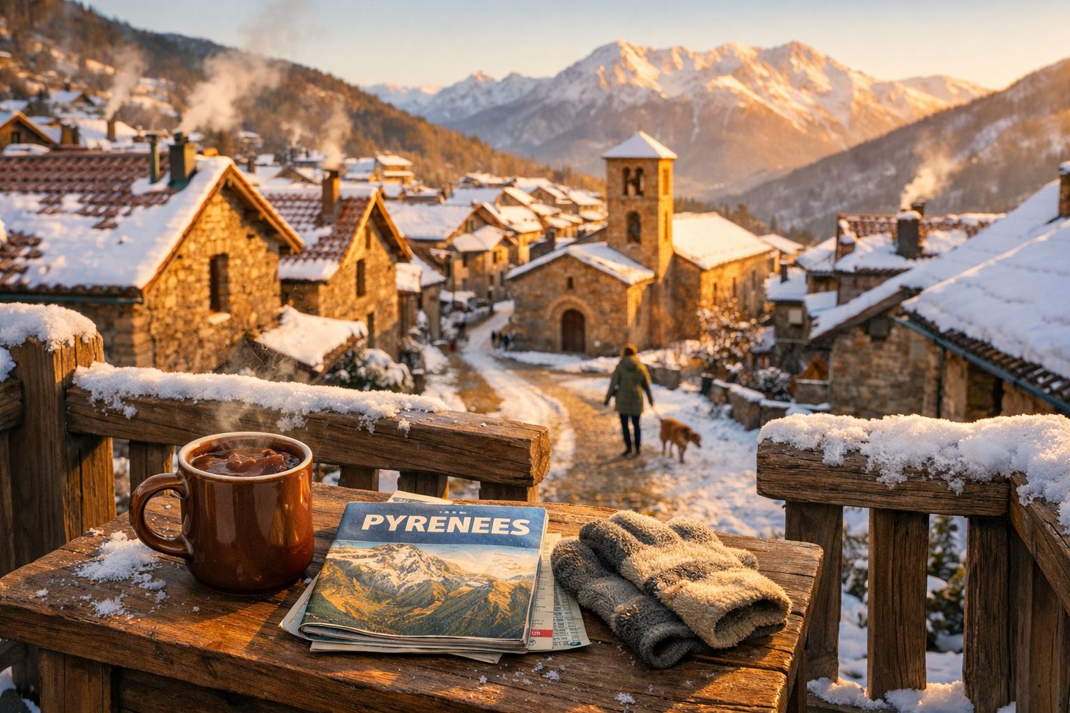 Vila de montanha coberta de neve, com chávena de chá, luvas e guia dos Pirinéus em mesa de madeira.