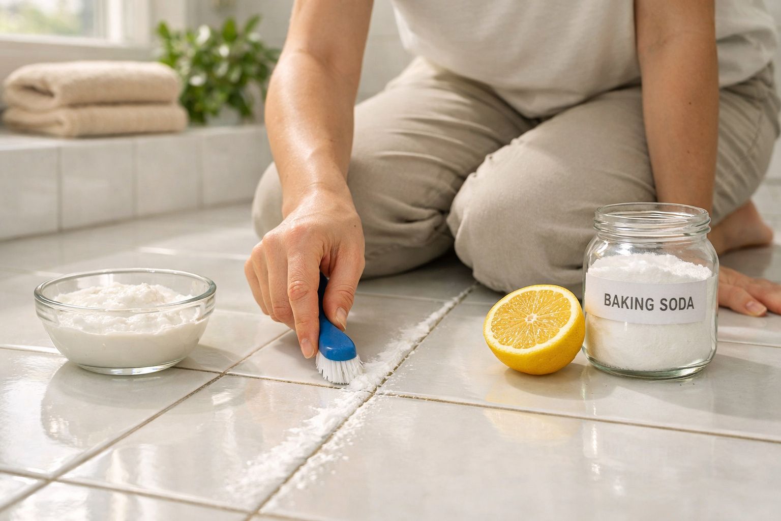 Pessoa a limpar juntas de azulejos com escova, bicarbonato de sódio e limão num chão branco.