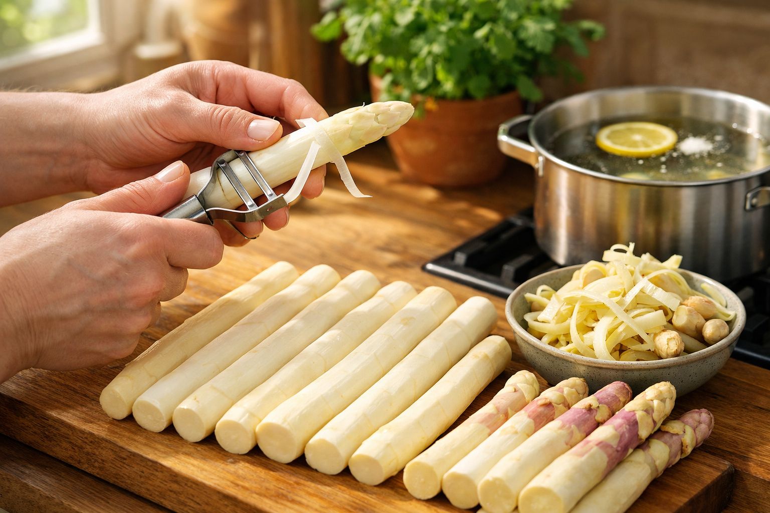 Pessoa a descascar espargos brancos sobre tábua de madeira numa cozinha com panela ao fundo.
