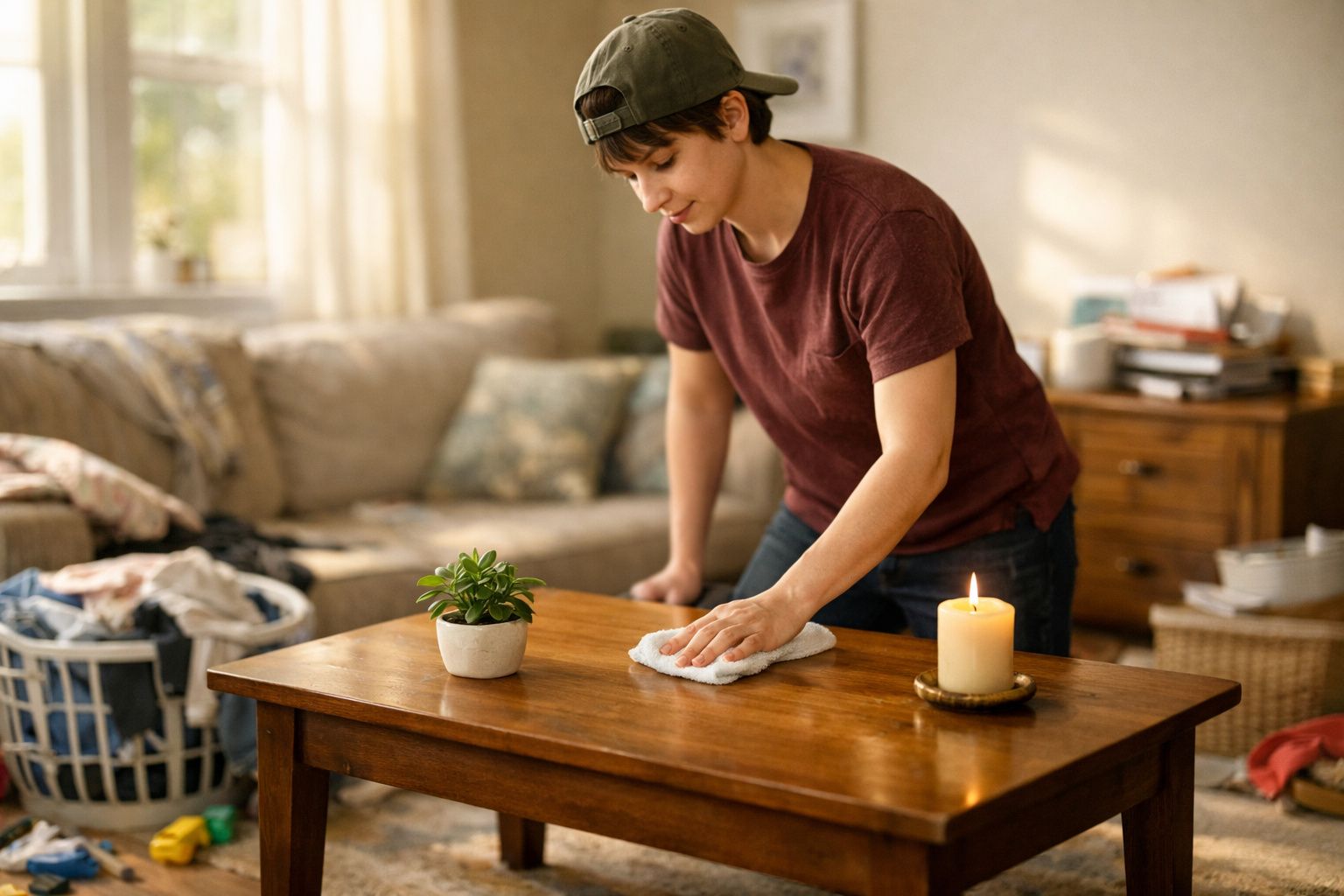 Pessoa a limpar uma mesa de madeira numa sala, com vela acesa e planta decorativa na mesa.