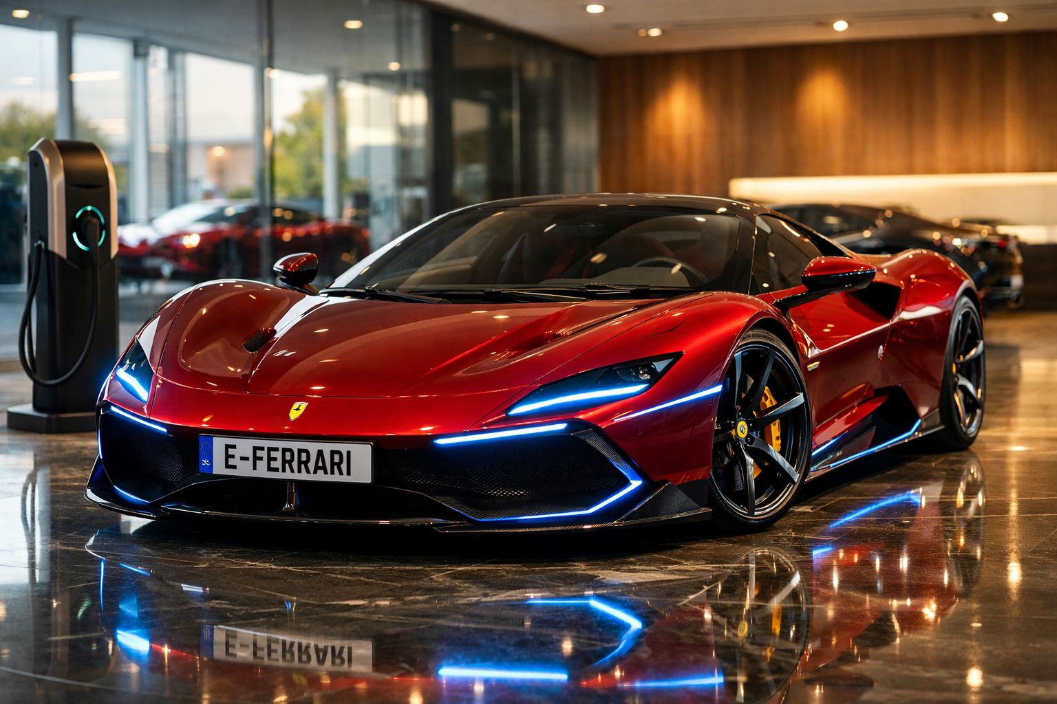 Carro desportivo vermelho Ferrari elétrico com luzes LED azuis em showroom moderno e brilhante.