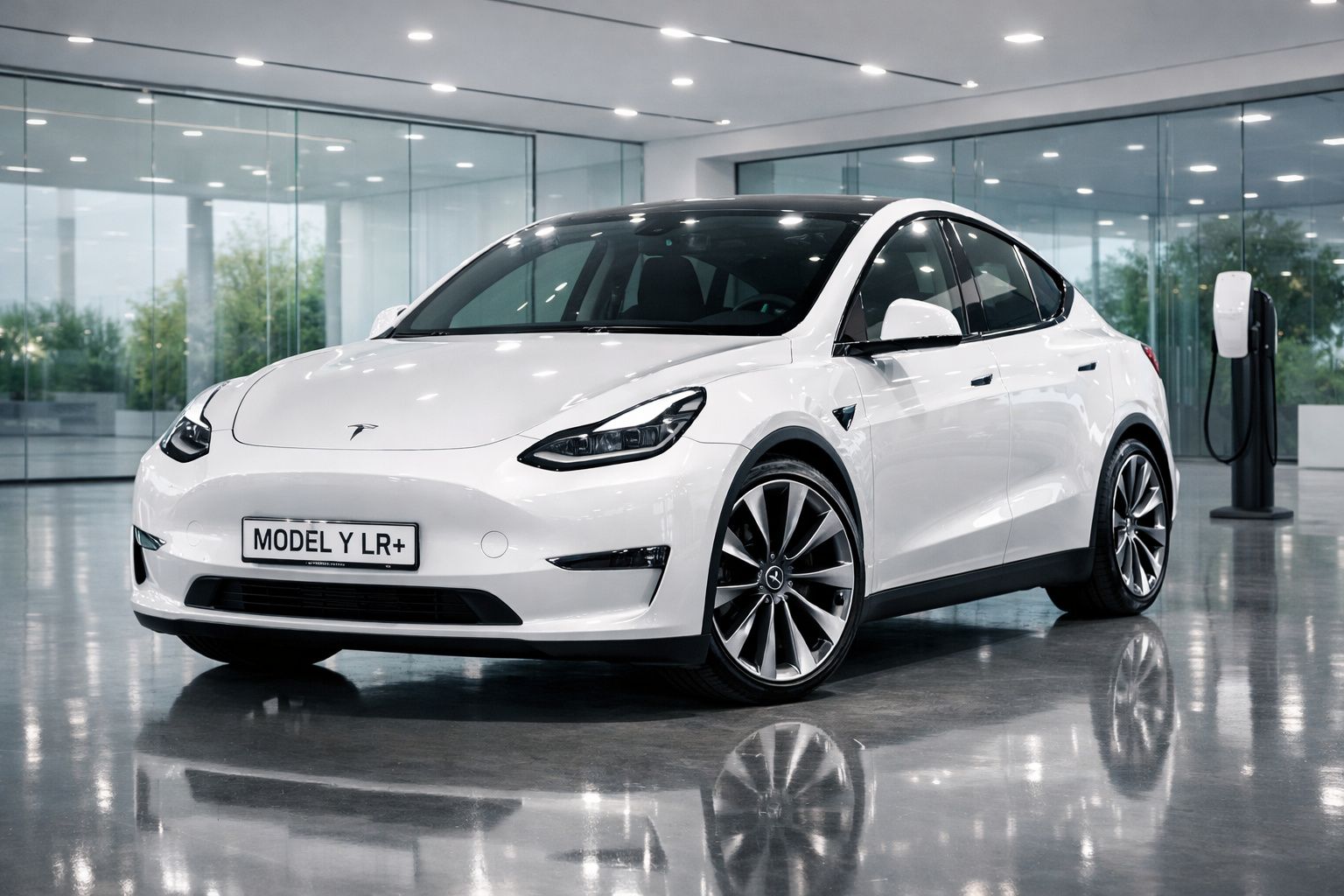 Carro elétrico Tesla Model Y LR+ branco estacionado em showroom moderno com parede de vidro.
