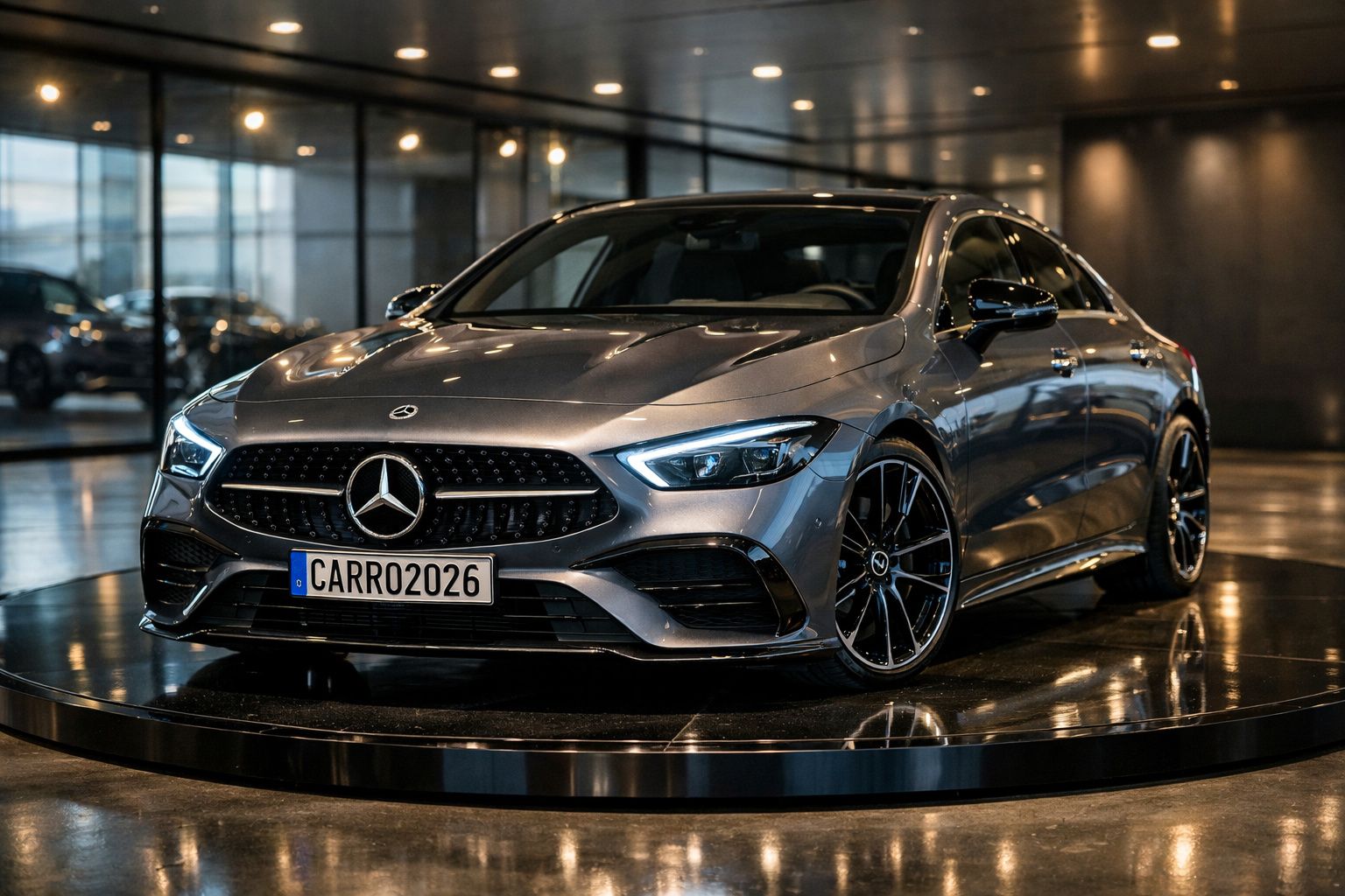 Carro Mercedes-Benz cinzento metálico exibido em plataforma giratória num espaço interior moderno.
