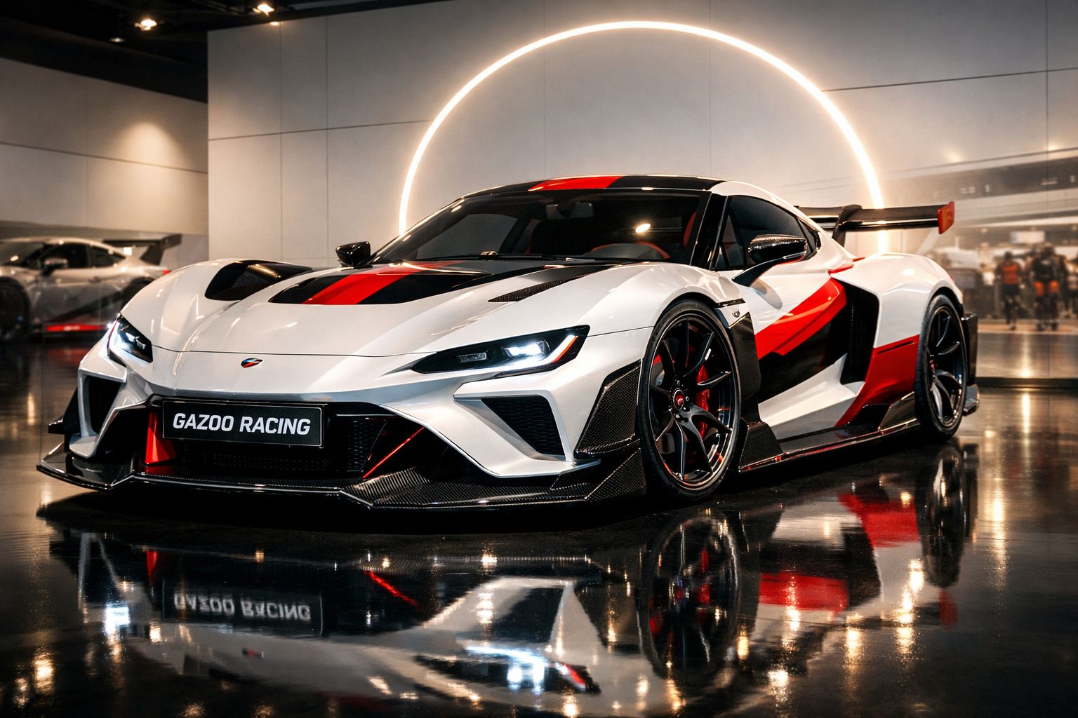 Carro desportivo branco, preto e vermelho da Gazoo Racing num espaço interior com iluminação circular.