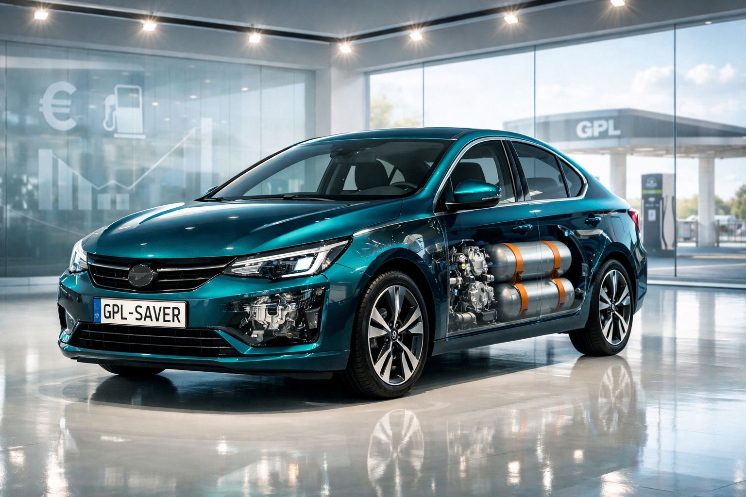 Automóvel sedã azul com visão interna das botijas de gás GPL expostas, em showroom moderno.