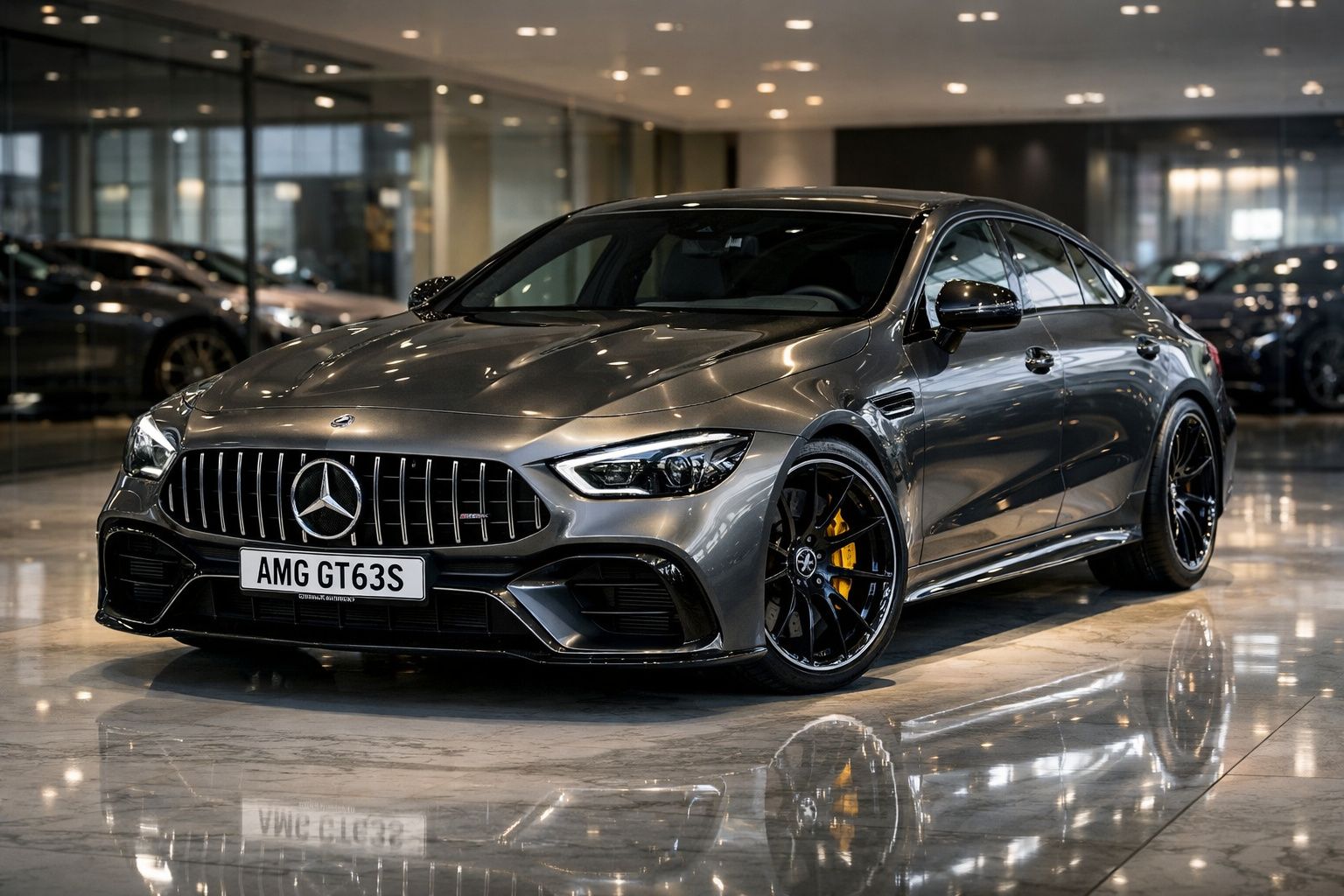 Carro desportivo Mercedes-Benz AMG GT63S cinzento metálico estacionado em showroom com piso espelhado.