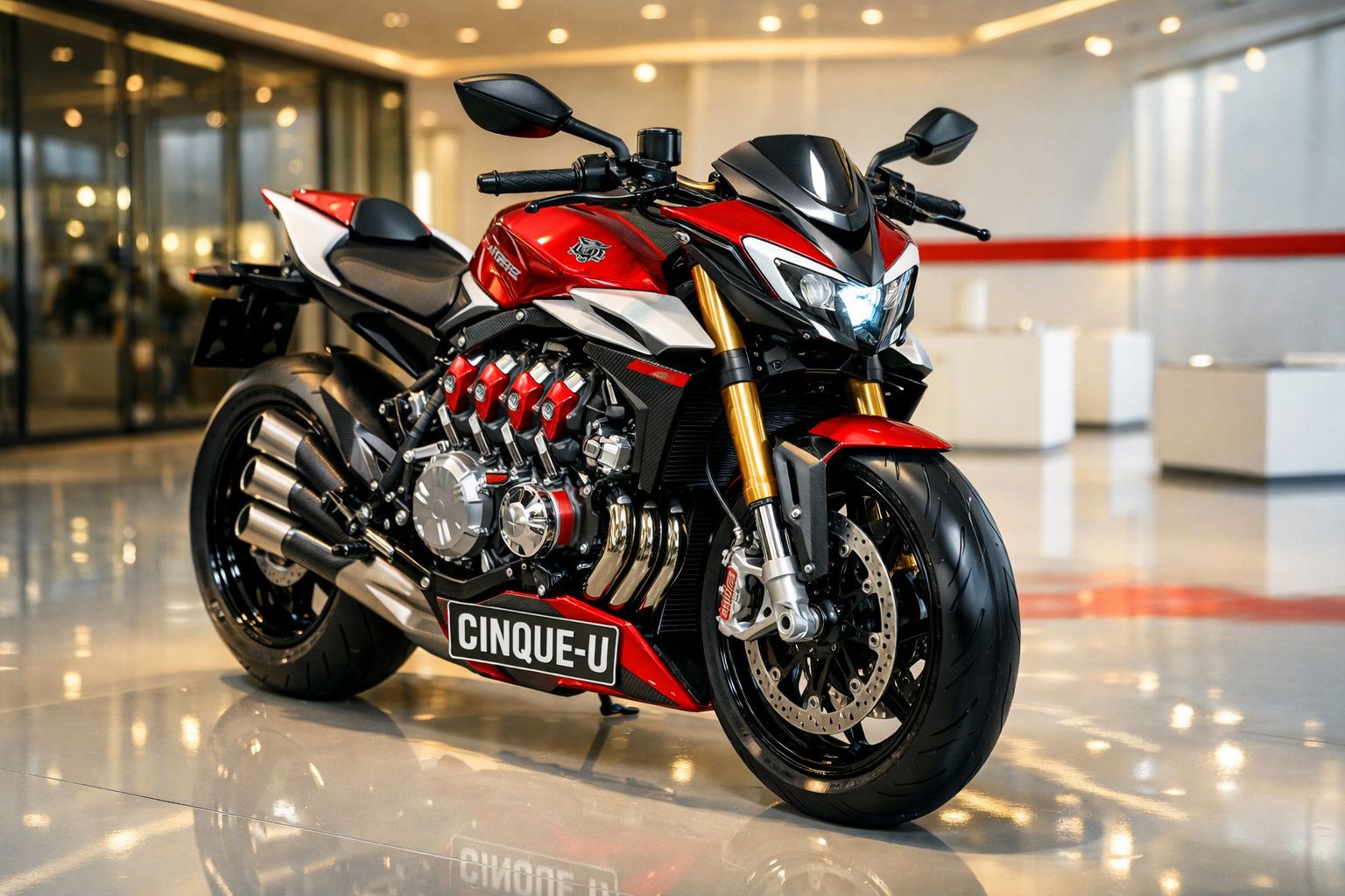 Motocicleta desportiva vermelha e preta com motor exposto e design moderno, em ambiente interior.