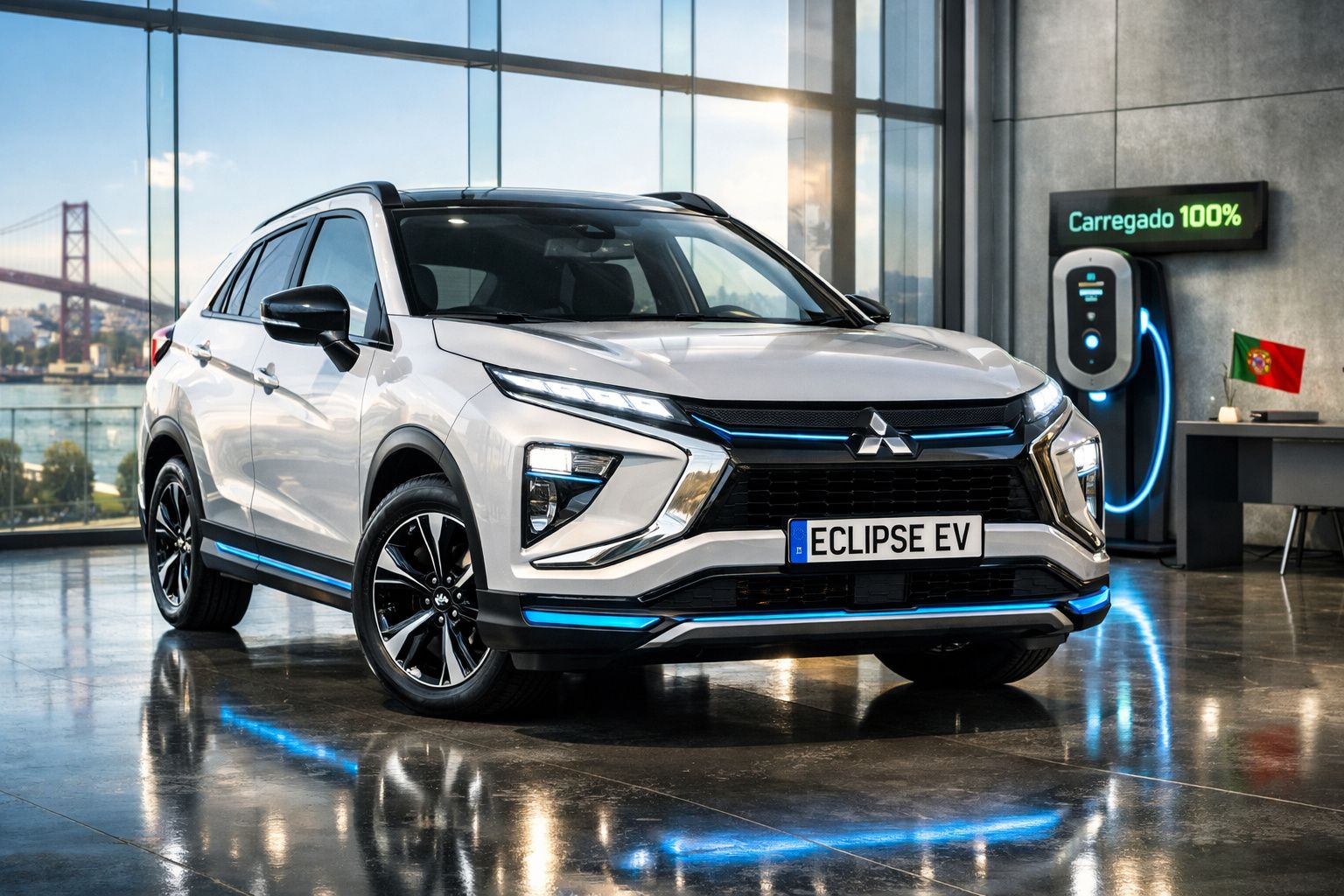 Carro elétrico Mitsubishi Eclipse EV branco num interior moderno junto a carregador elétrico carregado a 100%.