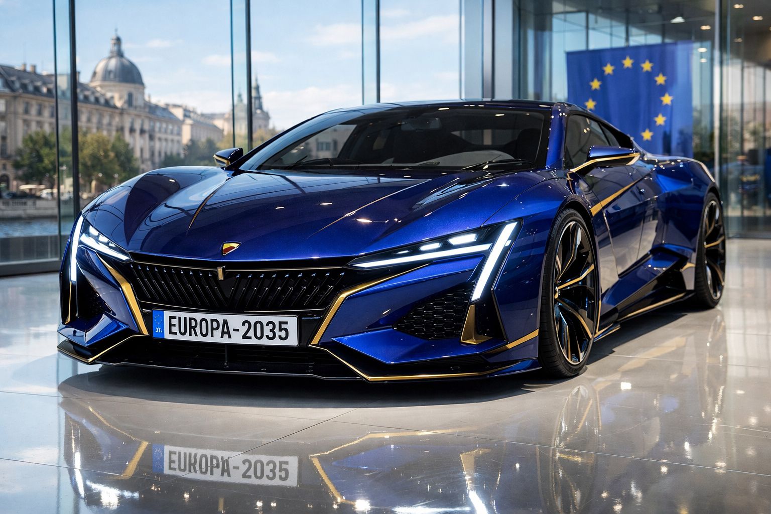 Carro desportivo elétrico azul com detalhes dourados exposto em salão com bandeira da União Europeia ao fundo.