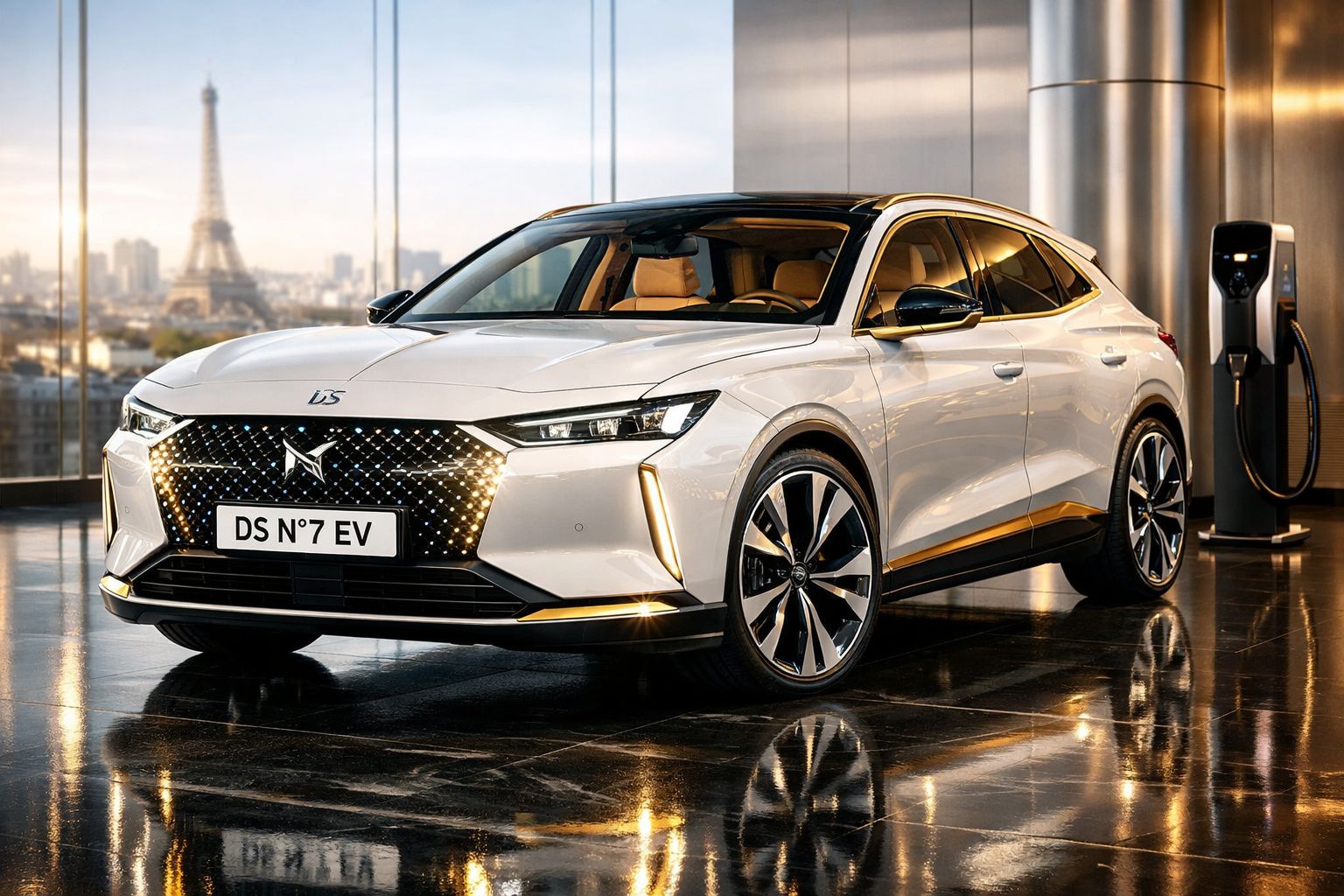 Carro eléctrico DS Nº7 EV branco num espaço interior com vista para a Torre Eiffel em Paris.