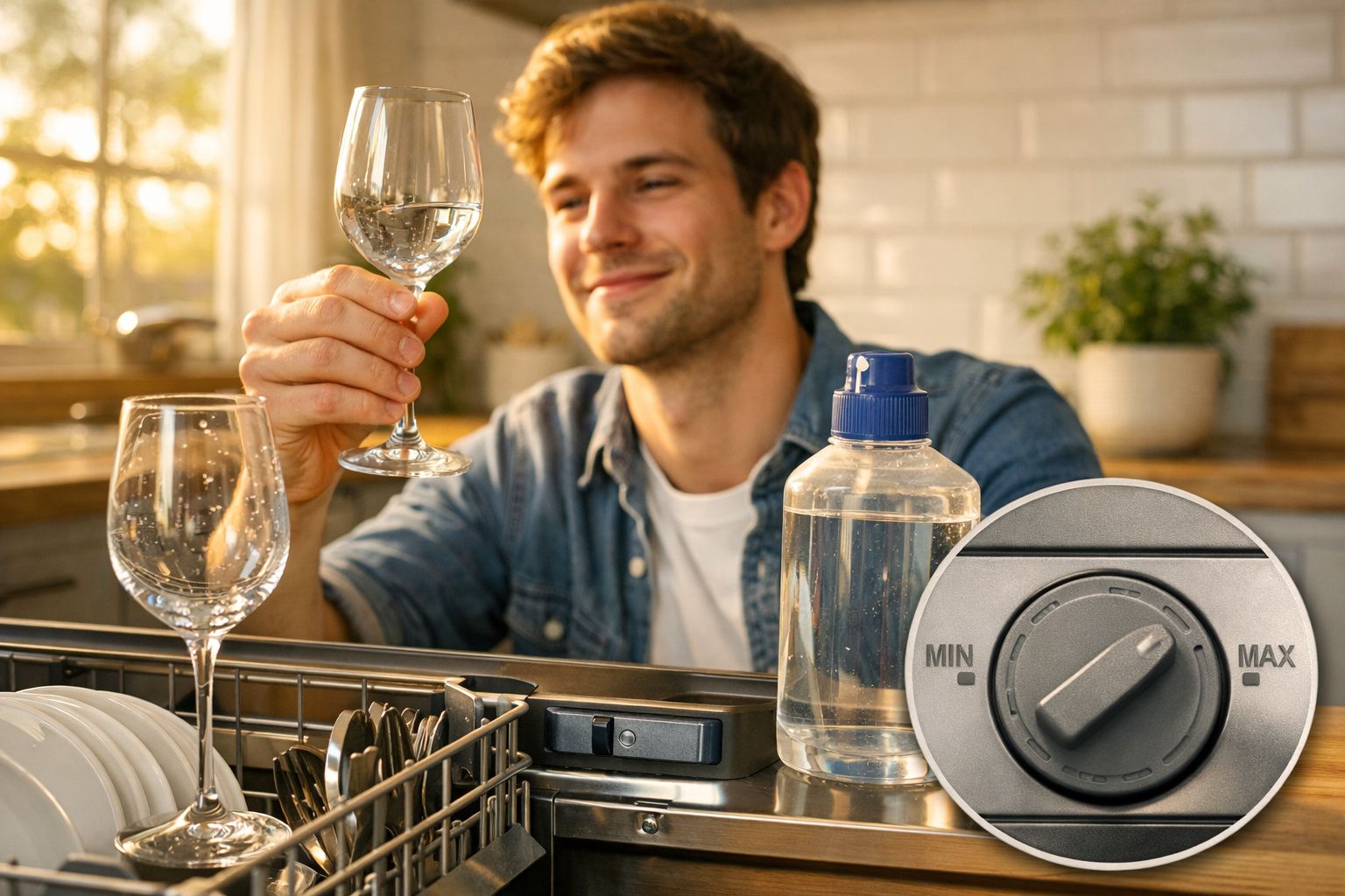 Homem satisfeito a verificar copo limpo na máquina de lavar loiça com controlo de intensidade em destaque.