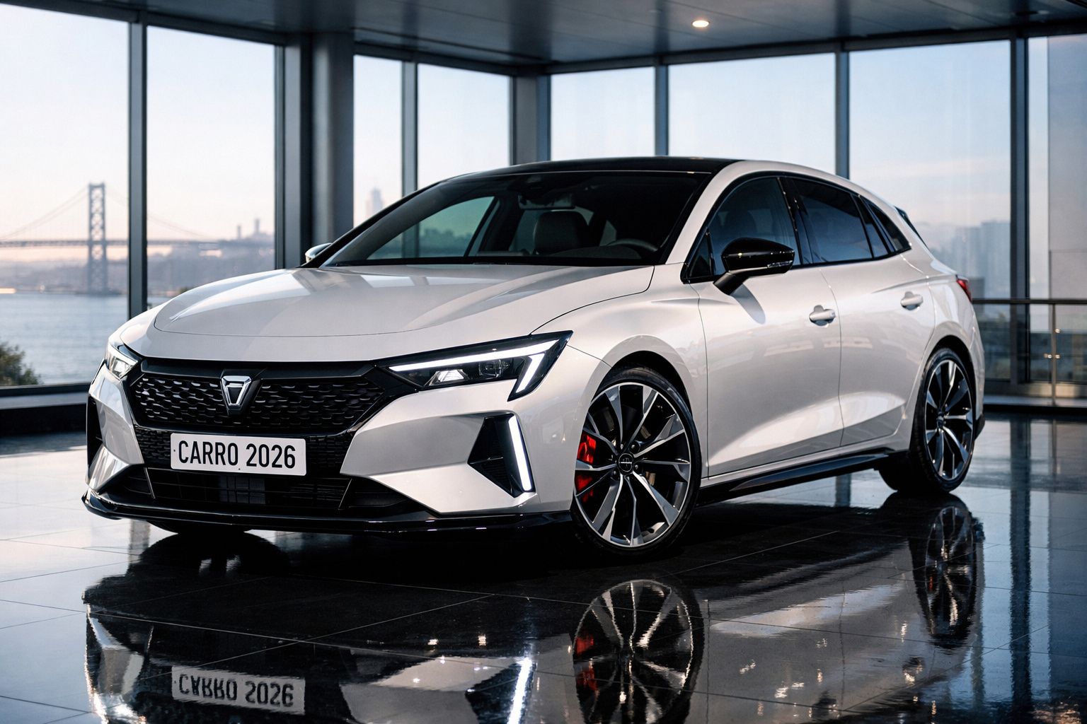 Carro moderno prateado em destaque numa sala com janelas amplas e vista para uma ponte.