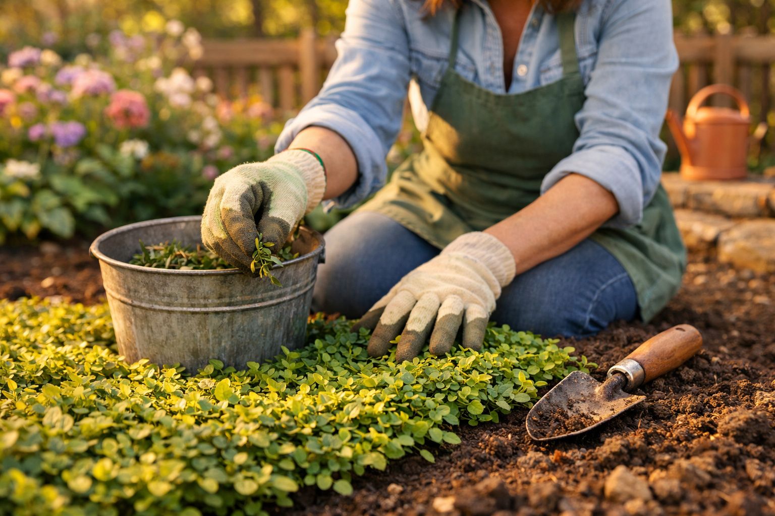 Pessoa a arrancar ervas daninhas num jardim com luvas, perto de uma pá e um balde metálico.