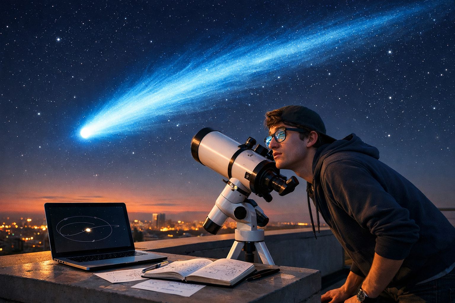 Jovem observa estrelas com telescópio na cidade à noite, com cometa visível no céu estrelado.