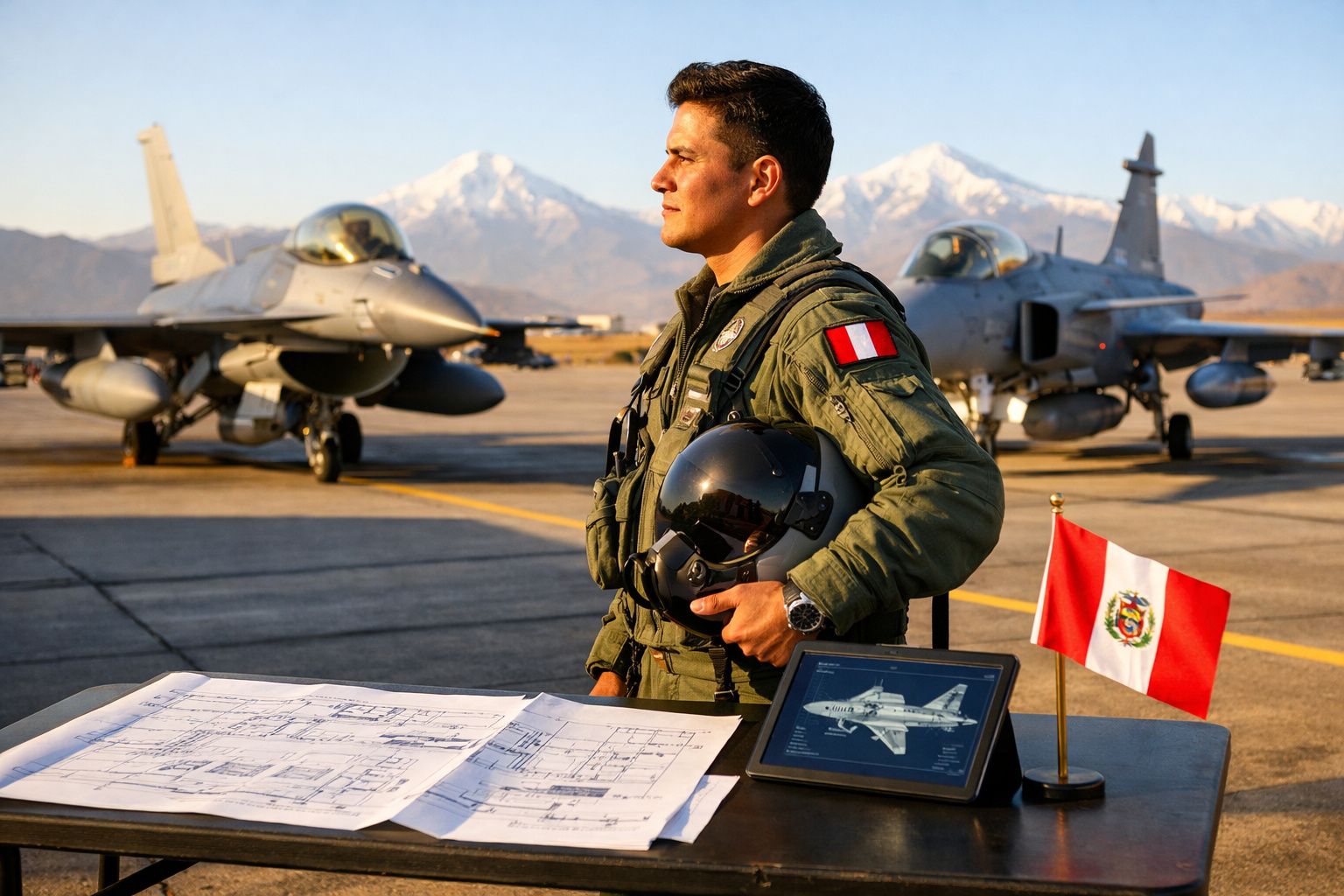 Piloto militar peruano em uniforme junto a mesa com bandeira do Peru, planta de voo e aviões militares ao fundo.