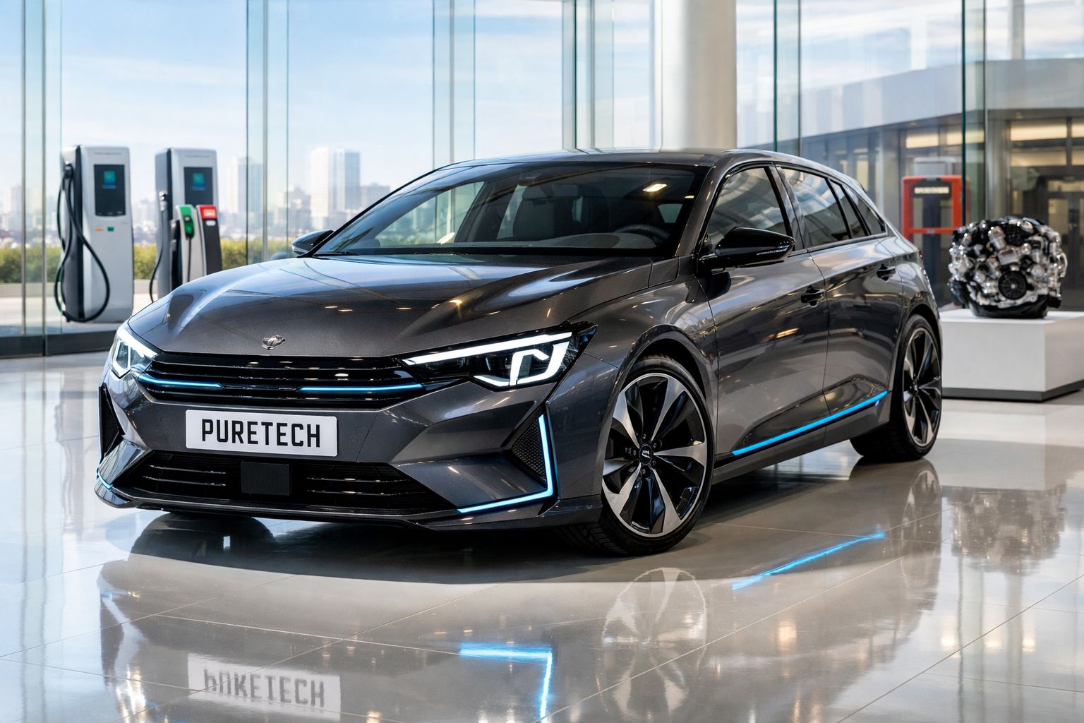 Carro eléctrico cinzento escuro moderno com luzes LED num showroom com carregadores e motor em exposição.