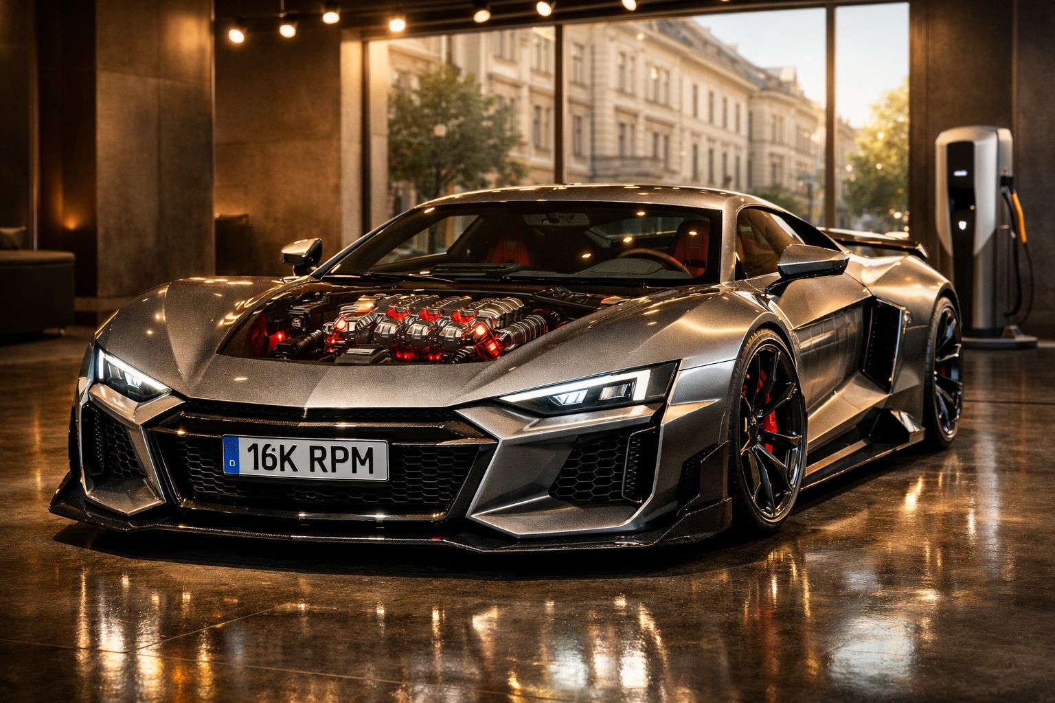 Carro desportivo prateado com capô transparente mostrando o motor, estacionado em garagem elegante.