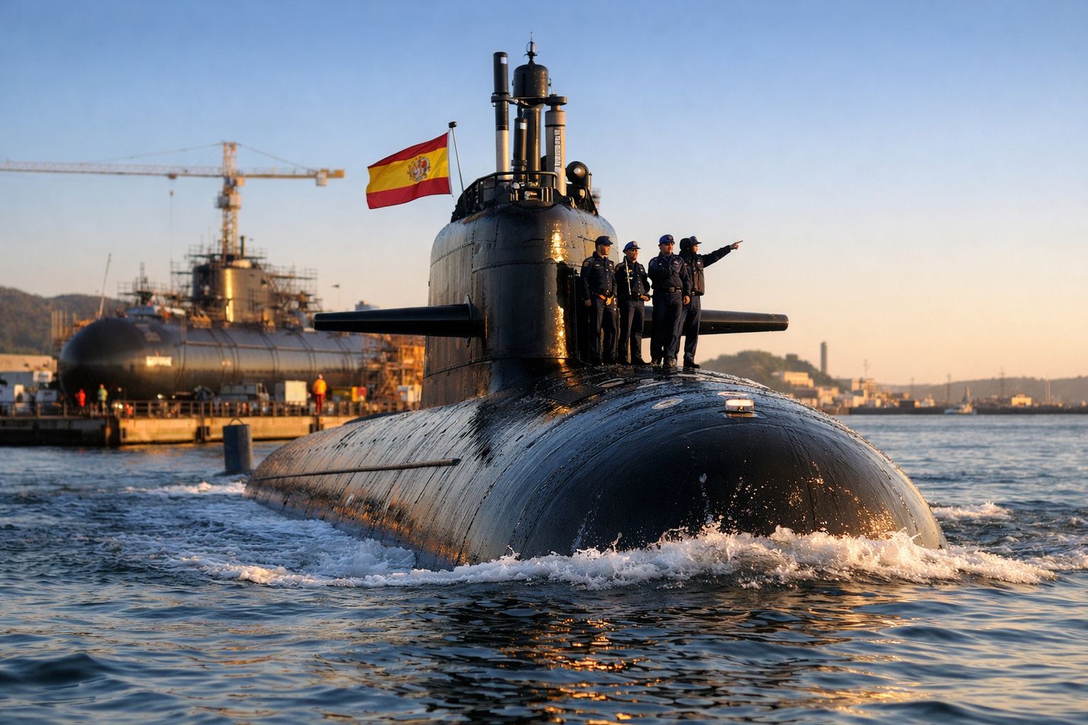 Submarino espanhol navegando com cinco tripulantes no convés e bandeira de Espanha ao pôr do sol.