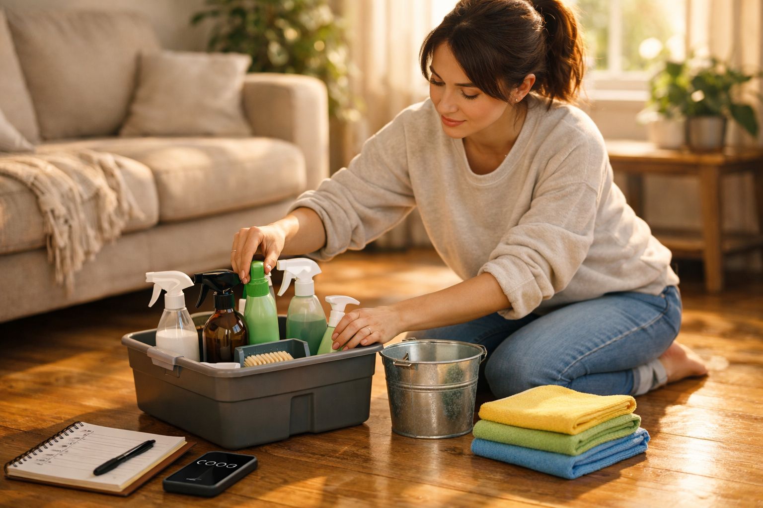 Mulher com roupa casual escolhe produtos de limpeza numa sala iluminada e arrumada.