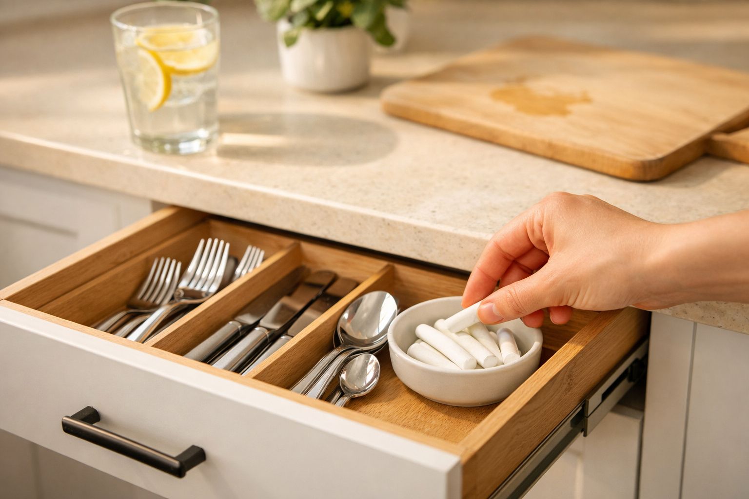 Gaveta de talheres com garfos, facas, colheres e uma mão a pegar palitos brancos numa taça.