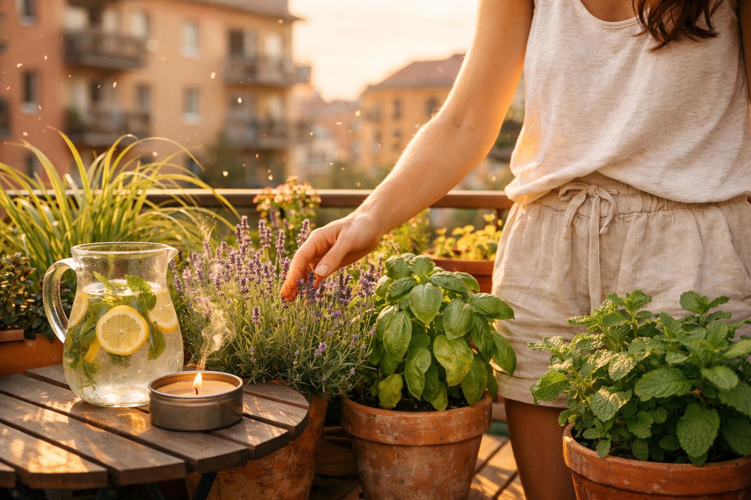 Pessoa a apanhar flores de lavanda num vaso, com jarro de limonada e vela acesa numa mesa no terraço.