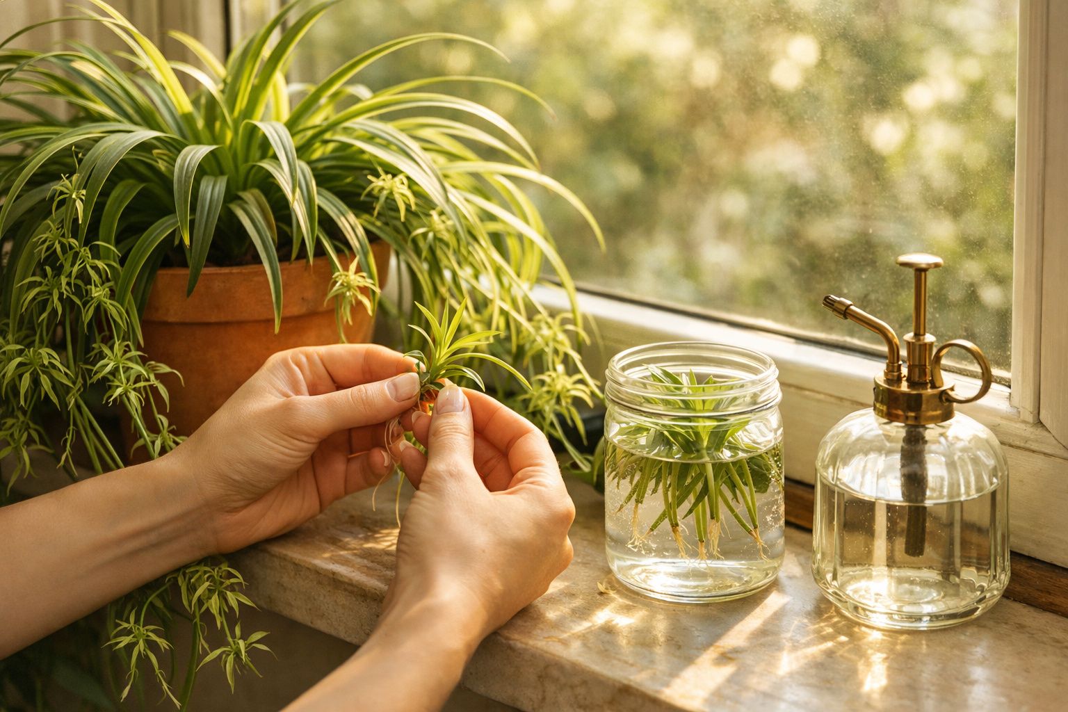 Mãos a cuidar de planta em vaso perto da janela, com jarro de água e regador de vidro ao lado.