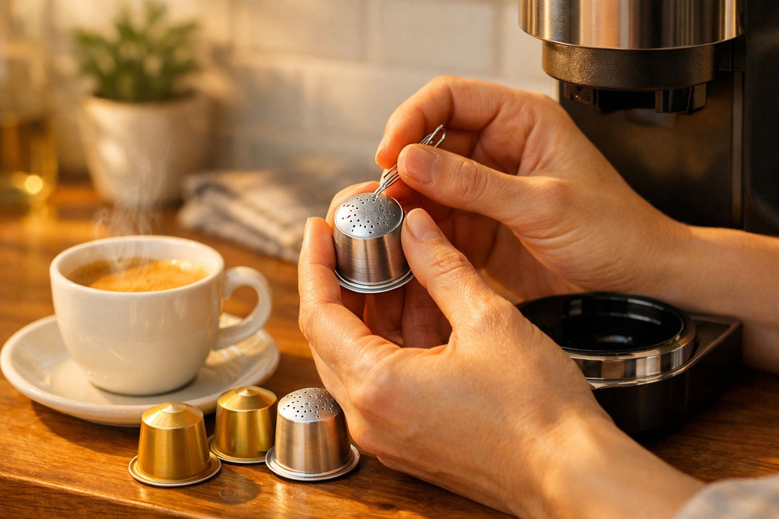 Pessoa a manusear cápsulas de café junto a uma máquina de café e chávena com café quente numa mesa de madeira.