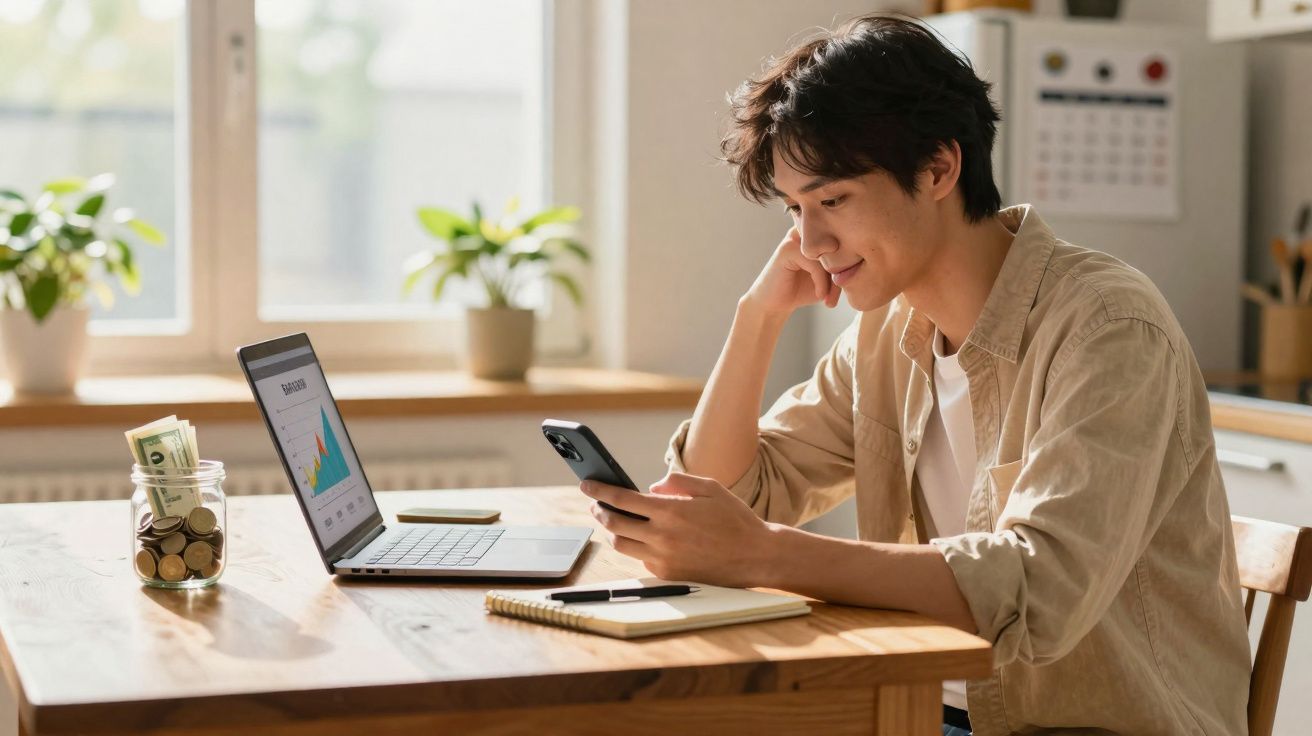 Jovem sentado à mesa a consultar o telemóvel com computador e jarra com moedas na cozinha iluminada.