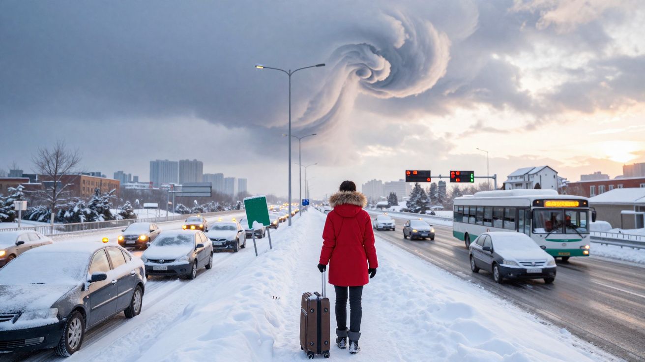 Pessoa com casaco vermelho e mala a caminhar numa estrada coberta de neve sob nuvens em espiral.