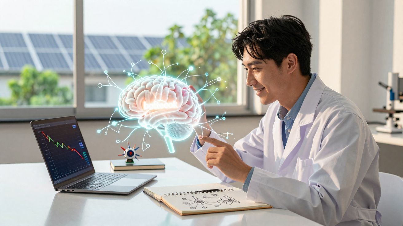 Homem de bata branca sentado à mesa interage com holograma de cérebro ao lado de computador portátil.