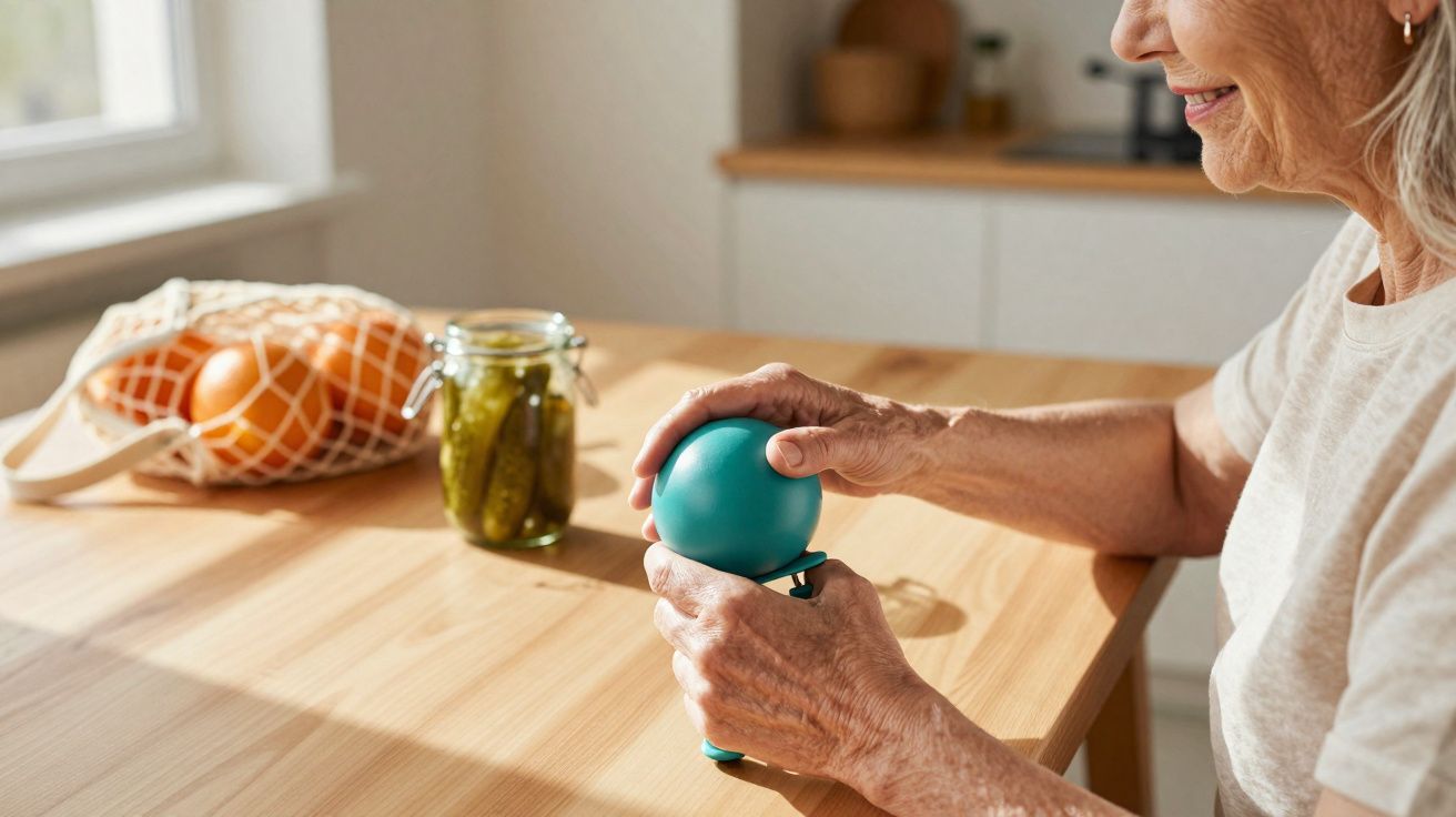 Pessoa idosa a exercitar mãos com bola de resistência azul numa cozinha luminosa.