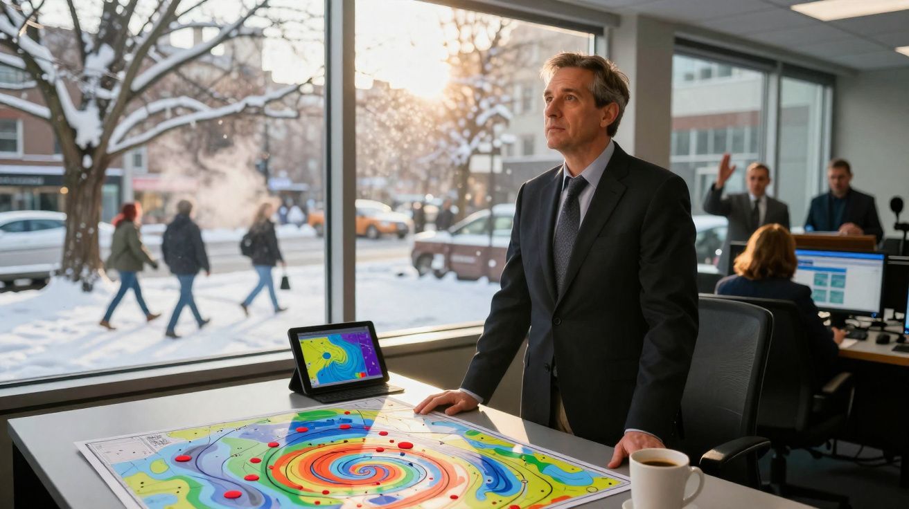 Homem de fato observa mapa meteorológico colorido numa mesa, com paisagem de inverno visível pela janela.