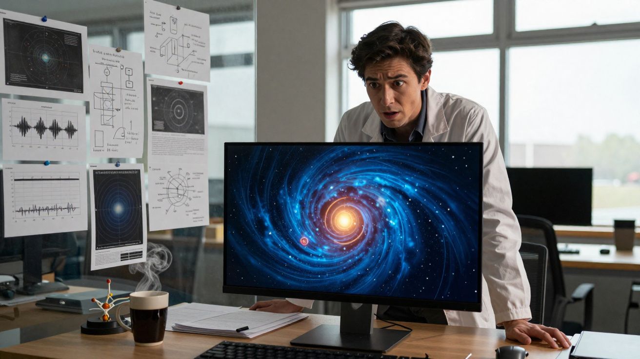 Homem de jaleco observa surpreendido imagem de galáxia espiral num ecrã de computador em escritório científico.