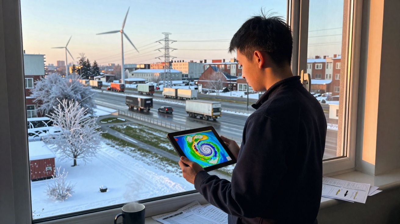Homem junto à janela observa num tablet uma imagem colorida de um furacão, com cidade e estrada nevada ao fundo.