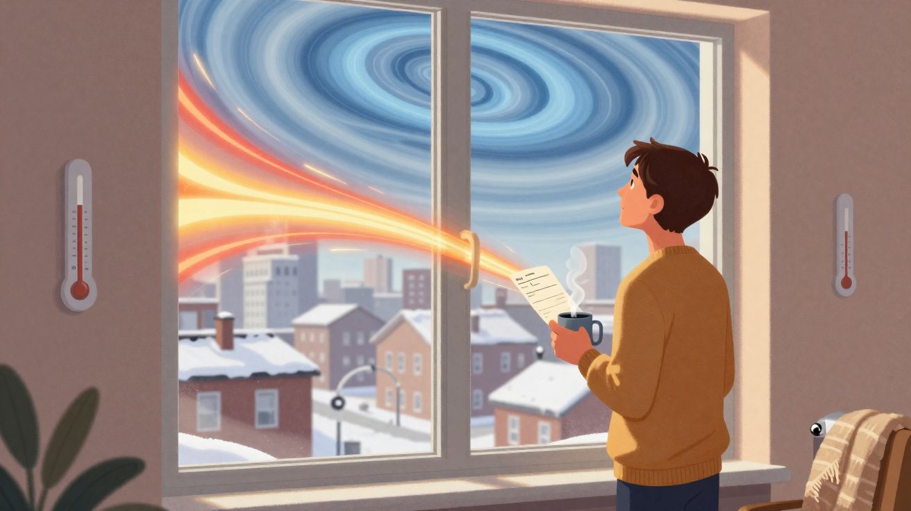 Pessoa de suéter castanho segura bebida quente perto de janela com vista para cidade nevada e vento colorido.