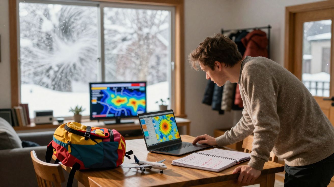 Homem analisa dados meteorológicos num portátil numa sala com neve visível pela janela.
