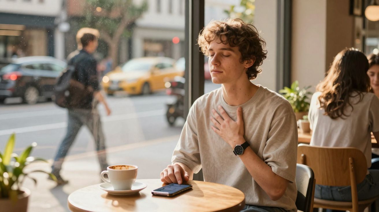 Jovem sentado numa cafetaria junto à janela, com um café e um telemóvel à sua frente, fazendo um gesto de calma.
